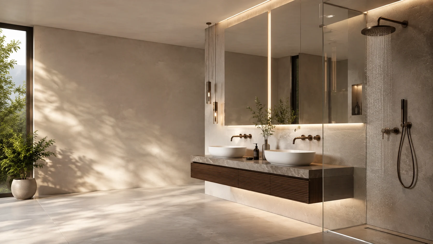 Modern bathroom with basins, taps and shower